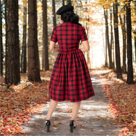 Unique Vintage Red and Black Plaid Midi Dress - Picture 2 of 13